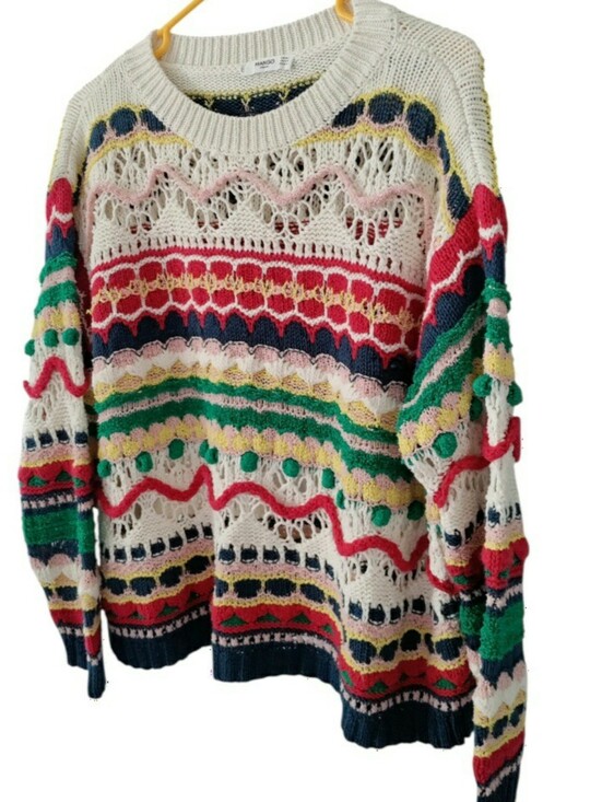 Mango Sweaters - Mango Crochet Stripe Knit Sweater Boho Beachy Coogi Style Cotton